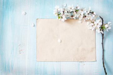 Cherry flowers on wooden board