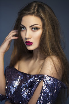 Sexy Beauty Girl with purple-red Lips. Provocative Make up. Luxu