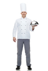 happy male chef cook holding cloche