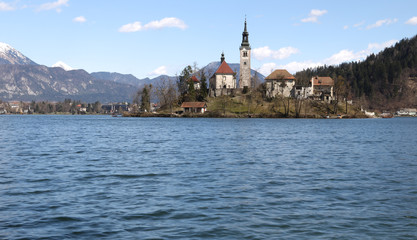 Fototapeta na wymiar Island in Bled Lake in Slovenia 1