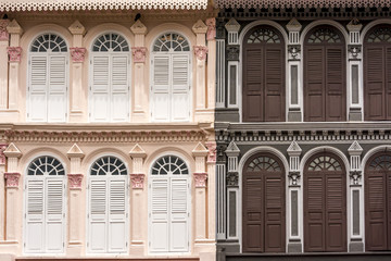 two tone building façade, pink and brown, in Singapore, Asia