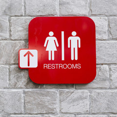 restroom signs with female and male symbol and arrow direction