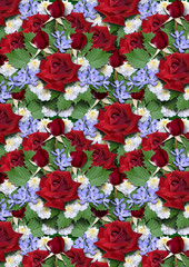 Background  from bouquet of red roses with asters and periwinkle