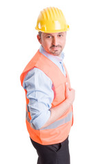 Buildings contractor posing on white background