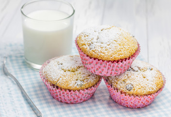 Homemade muffins with choco chips and glass of milk