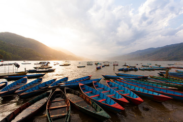 Boats on Fewa Lake Pokhara Nepal