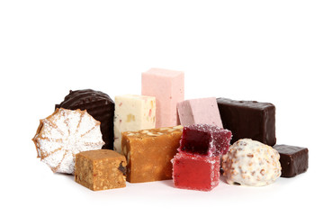Collection of different sweets on white background