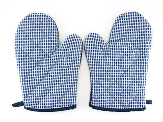 pair of blue white checkered patterned oven glove isolated on white