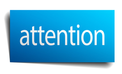 attention blue square isolated paper sign on white