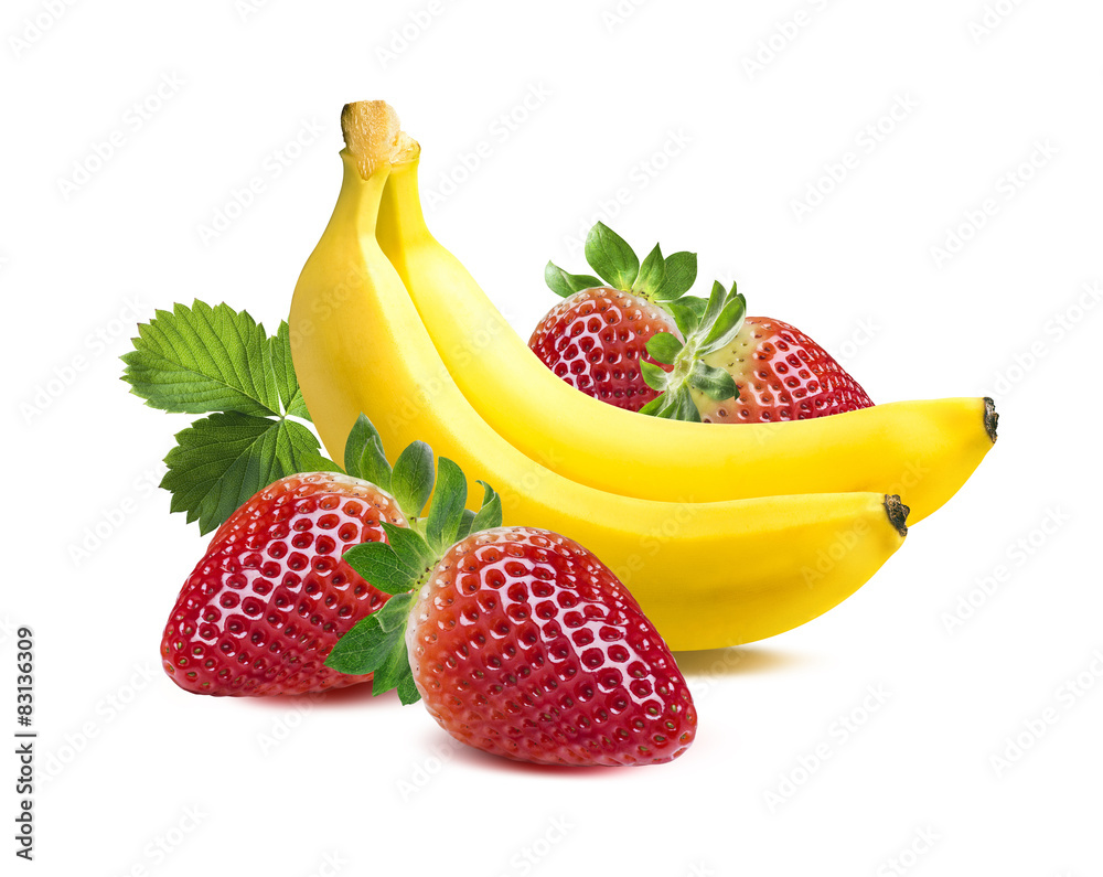 Wall mural two bananas strawberry square composition isolated on white back - Wall murals