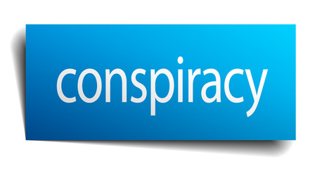 conspiracy blue square isolated paper sign on white