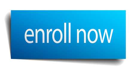 enroll now blue paper sign on white background