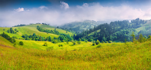 Colorful summer panorama of the foggy mountain village.
