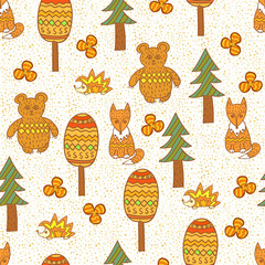 Seamless pattern with forest animals and cartoon trees.