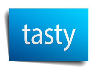 tasty blue paper sign isolated on white