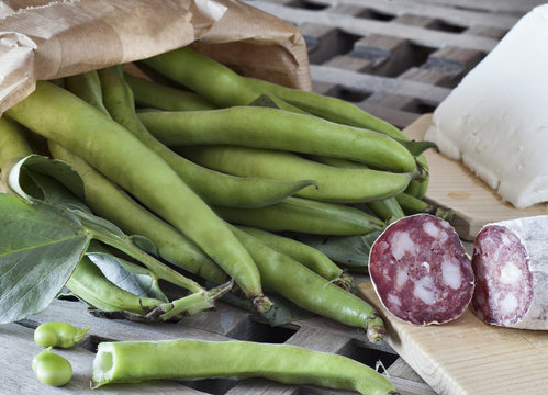 fave e salame, broad beans with salami and sheep cheese