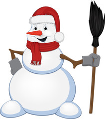 Cheerful snowman with a broom