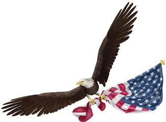 Obraz premium Eagle Flying Holding US Flag Isolated on White 