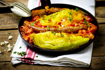 The baked cabbage with sausages