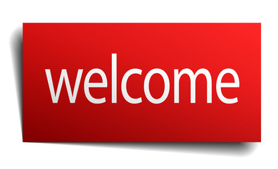 welcome red square isolated paper sign on white