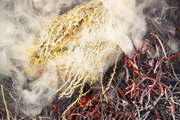 dry medicinal herb lit, white smoke