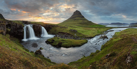 Iceland landscape with volcano and waterfall