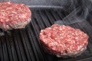 Fresh meat cutlets in a frying pan grill
