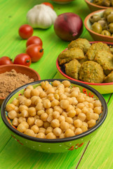 Chick peas, falafel, spices and vegetables