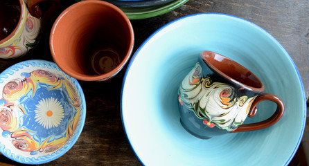 Traditional Pottery. Hand Made Cups and Bowls
