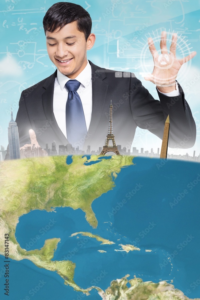 Poster Composite image of smiling businessman holding and pointing