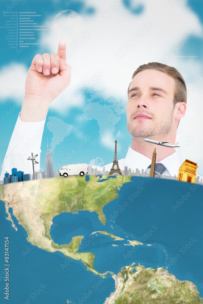 Poster composite image of cheerful businessman pointing with his finger