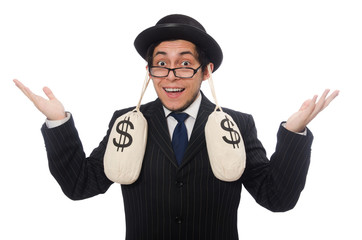 Young employee holding money bags isolated on white