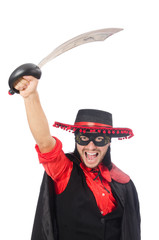 Young man in carnival coat with sword isolated on white