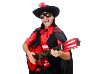 Young man in carnival coat  with guitar isolated on white