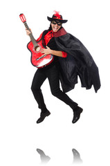 Young man in carnival coat  with guitar isolated on white
