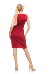 Pretty young woman in red dress isolated on white