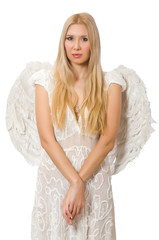 Woman with angel wings isolated on white