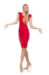 Blond woman in scarlet dress isolated on white