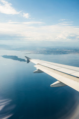 Airplane wing out of window