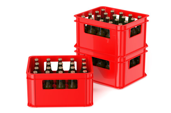 red crate full with beer bottles