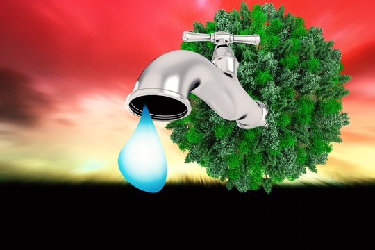 Composite image of earth with faucet
