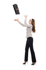 Business lady with case isolated on white