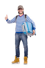 A tourist with bags isolated on white