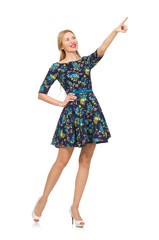 Woman in dark blue floral dress isolated on white