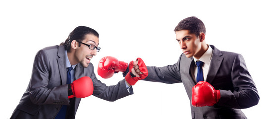 Businessman with boxing gloves on white
