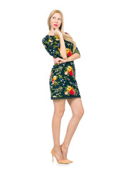 Woman in dark green floral dress isolated on white