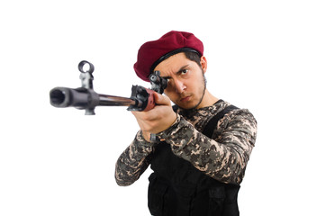 Soldier with a weapon isolated on white