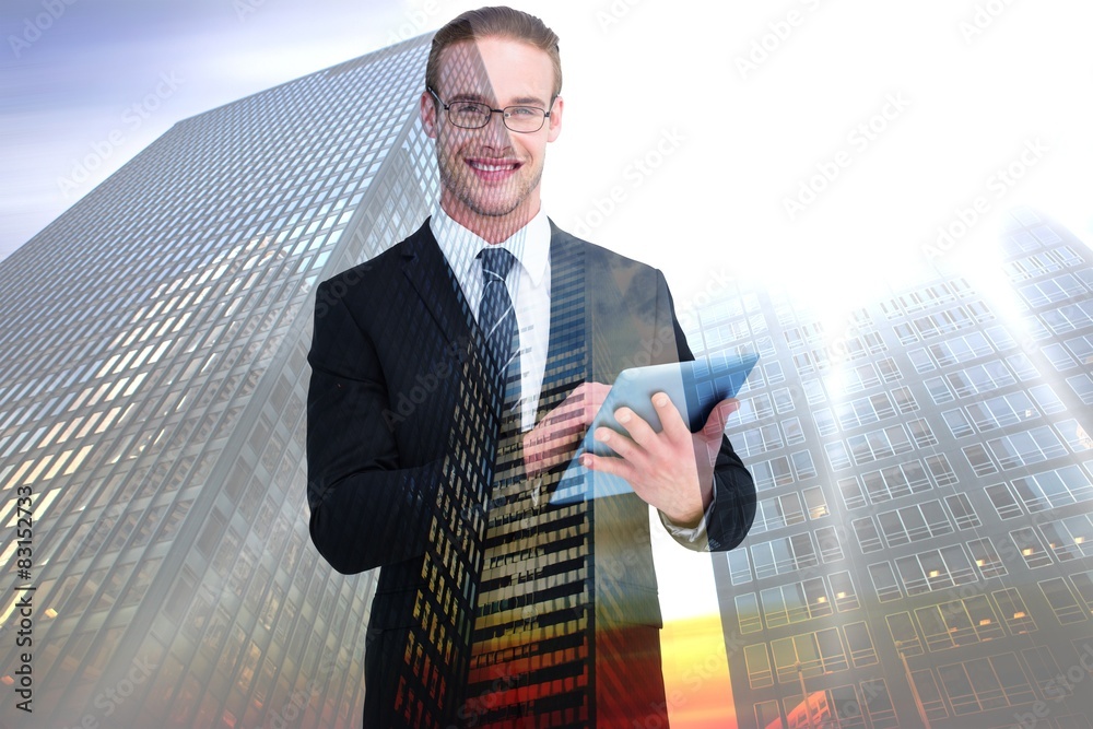 Aufkleber composite image of happy businessman using his tablet pc