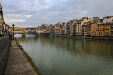 Old bridge view at sunset,Arno river Florence, Italy.