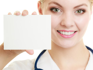  Doctor woman holding blank copy space card